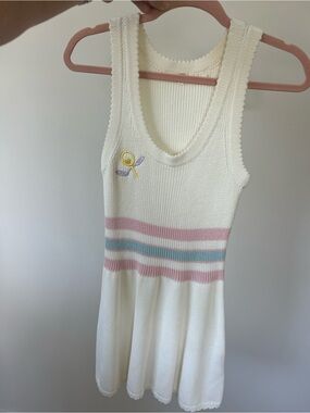 LoveShackFancy Indiana Embroidered Knit Mini Dress with Pink and Blue Stripes